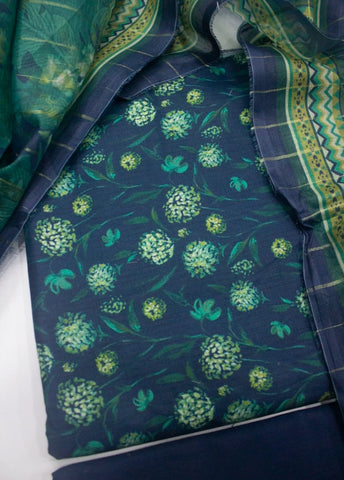 3 Piece Printed Navy Blue Color Unstitched Suit