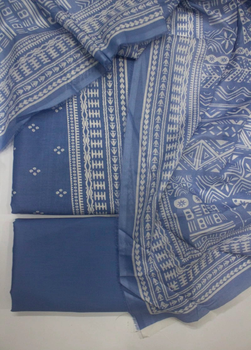 3 Piece Printed Blue Color Unstitched Suit