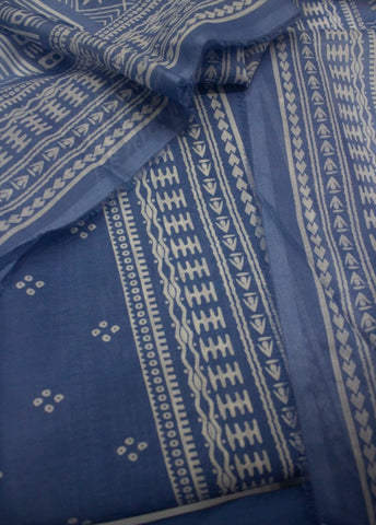 3 Piece Printed Blue Color Unstitched Suit