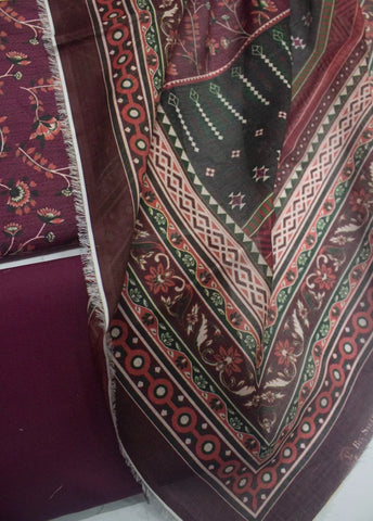 3 Piece Printed Margenta Color Unstitched Suit