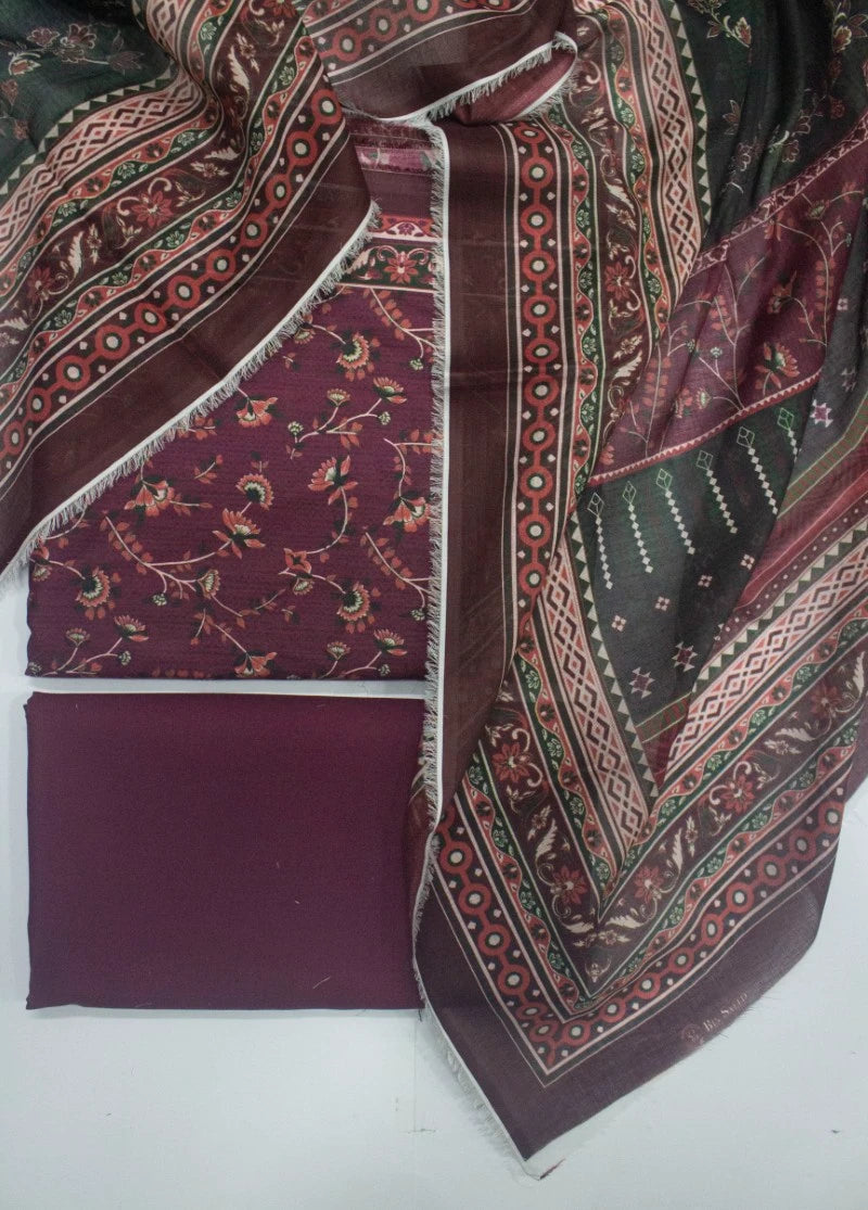 3 Piece Printed Margenta Color Unstitched Suit