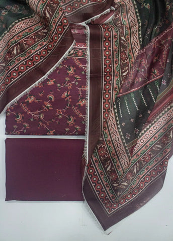 3 Piece Printed Margenta Color Unstitched Suit