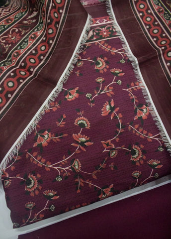 3 Piece Printed Margenta Color Unstitched Suit