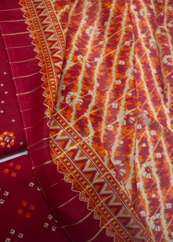 3 Piece Printed Red Color Unstitched Suit