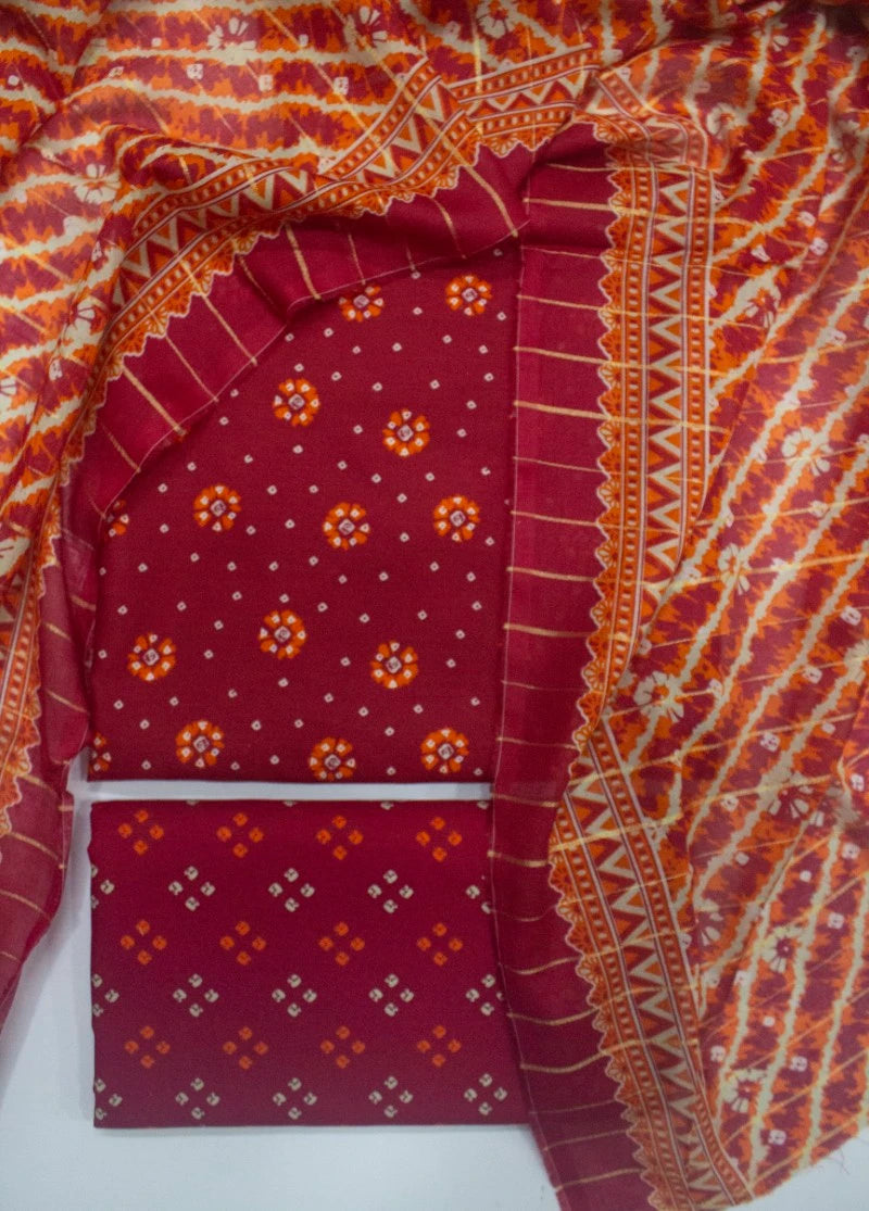3 Piece Printed Red Color Unstitched Suit
