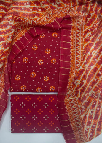 3 Piece Printed Red Color Unstitched Suit