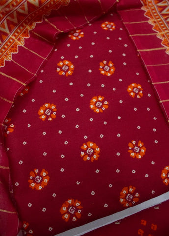 3 Piece Printed Red Color Unstitched Suit