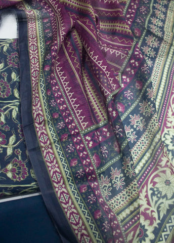 3 Piece Printed Blue Color Unstitched Suit