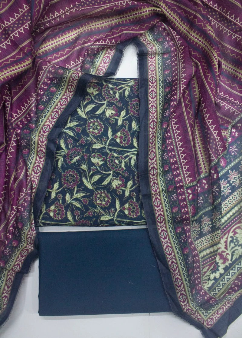 3 Piece Printed Blue Color Unstitched Suit