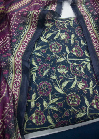 3 Piece Printed Blue Color Unstitched Suit