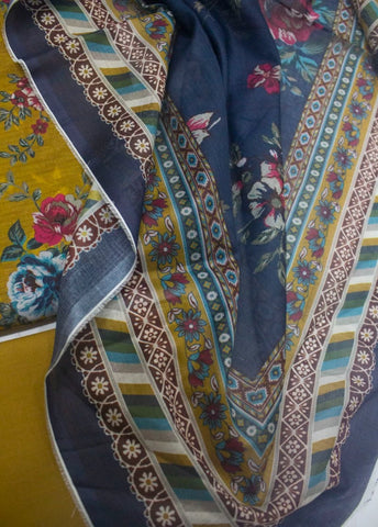 3 Piece Printed Mustard Color Unstitched Suit