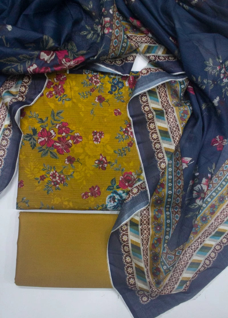 3 Piece Printed Mustard Color Unstitched Suit
