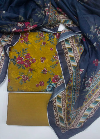 3 Piece Printed Mustard Color Unstitched Suit
