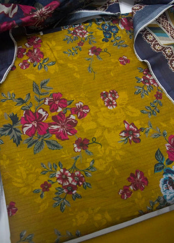 3 Piece Printed Mustard Color Unstitched Suit