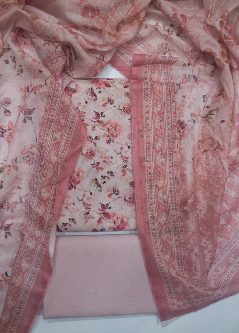 3 Piece Printed Peachy Pink Color Unstitched Suit