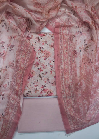 3 Piece Printed Peachy Pink Color Unstitched Suit