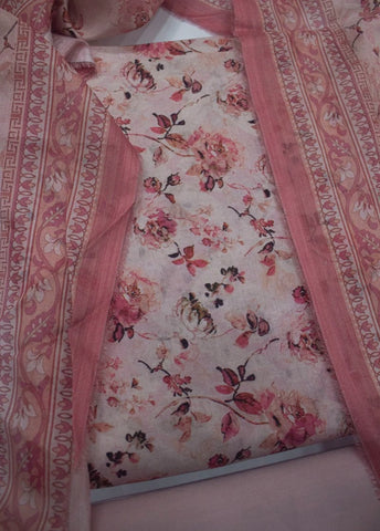 3 Piece Printed Peachy Pink Color Unstitched Suit