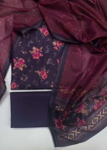 3 Piece Printed Purple Color Unstitched Suit