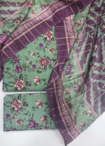 3 Piece Printed Turquoise Color Unstitched Suit