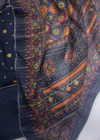 3 Piece Printed Navy Blue Color Unstitched Suit