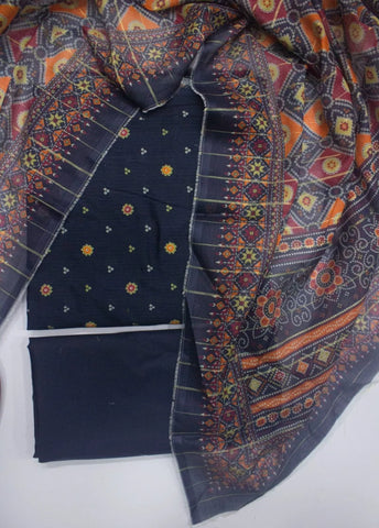 3 Piece Printed Navy Blue Color Unstitched Suit