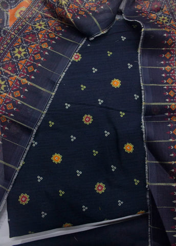 3 Piece Printed Navy Blue Color Unstitched Suit