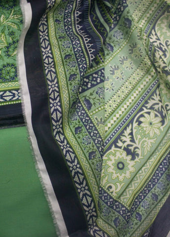 3 Piece Printed Chartreuse Green Color Unstitched Suit