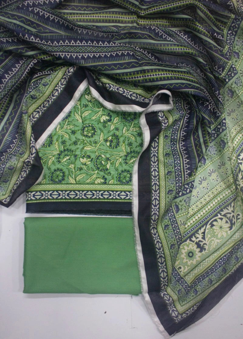 3 Piece Printed Chartreuse Green Color Unstitched Suit