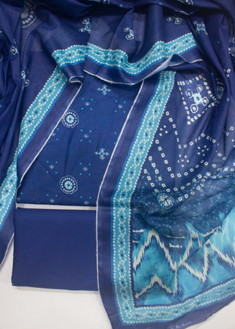3 Piece Printed Blue Color Unstitched Suit
