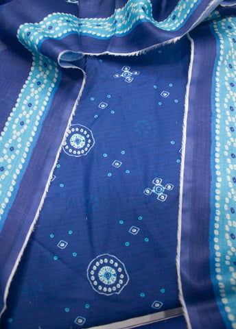 3 Piece Printed Blue Color Unstitched Suit