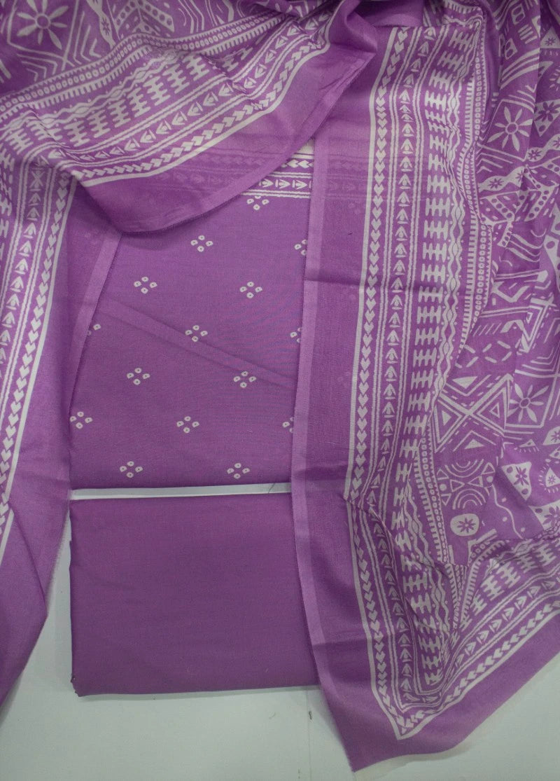 3 Piece Printed Lilac Color Unstitched Suit