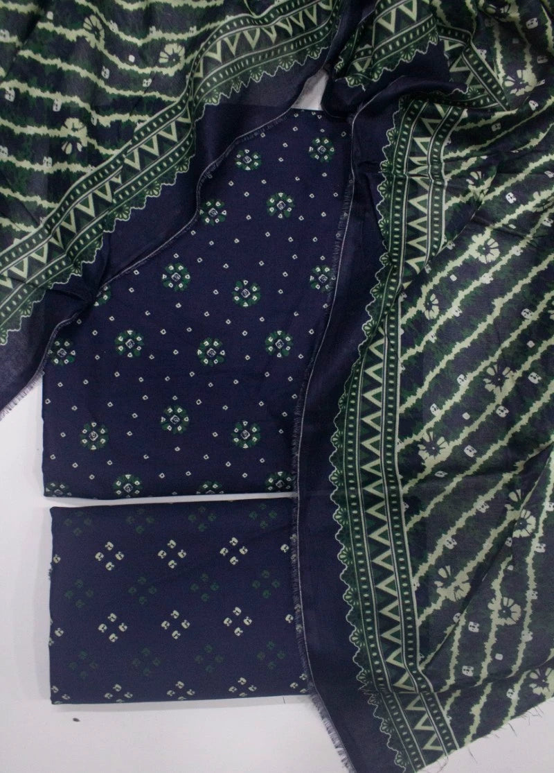 3 Piece Printed Navy Blue Color Unstitched Suit