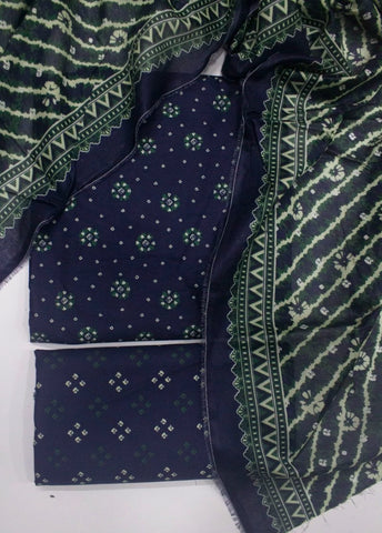 3 Piece Printed Navy Blue Color Unstitched Suit