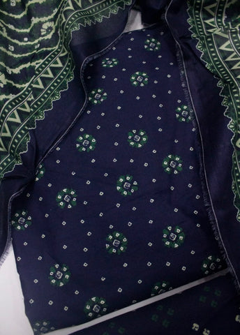 3 Piece Printed Navy Blue Color Unstitched Suit