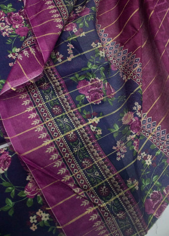 3 Piece Printed Blue Color Unstitched Suit