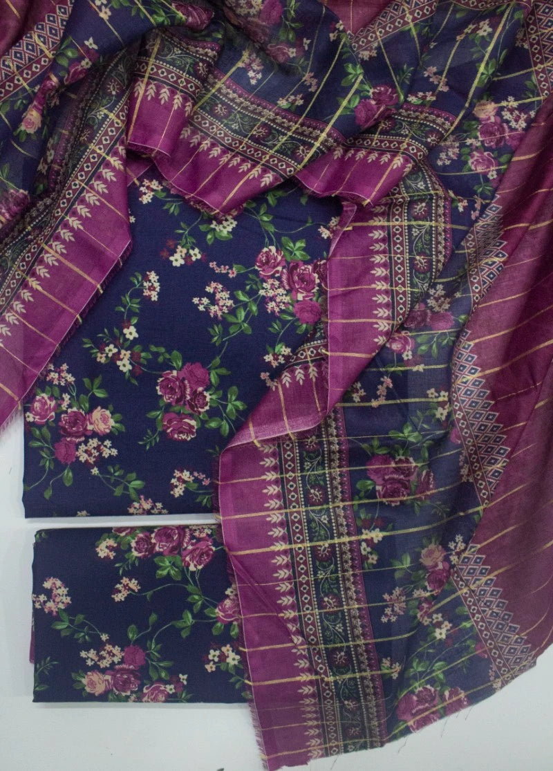 3 Piece Printed Blue Color Unstitched Suit