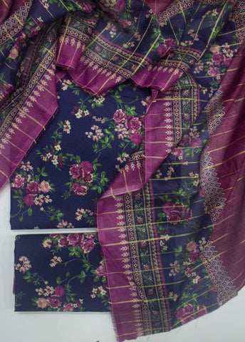 3 Piece Printed Blue Color Unstitched Suit