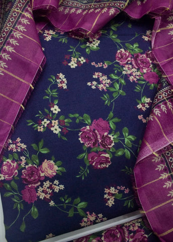 3 Piece Printed Blue Color Unstitched Suit