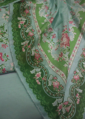 3 Piece Printed Mint Green Color Unstitched Suit
