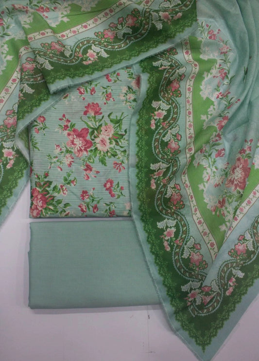3 Piece Printed Mint Green Color Unstitched Suit
