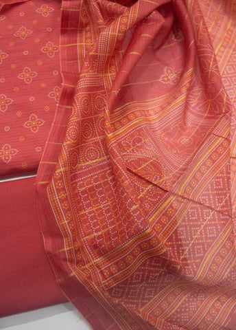 3 Piece Printed Coral Peach Color Unstitched Suit