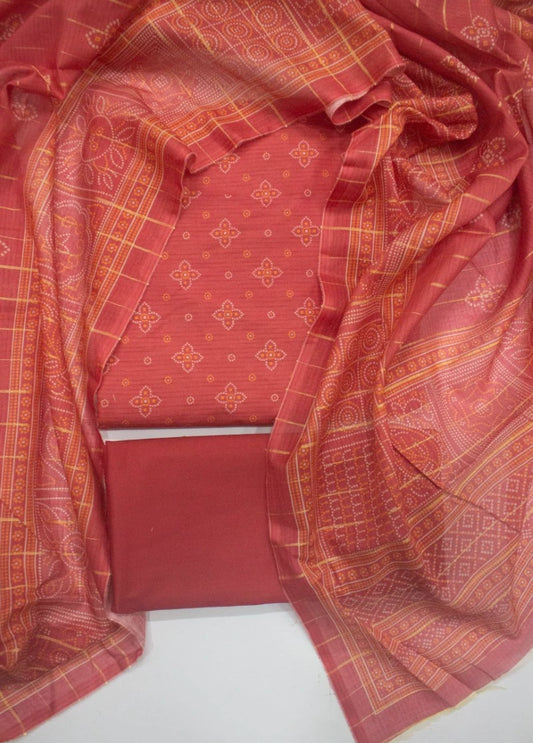 3 Piece Printed Coral Peach Color Unstitched Suit