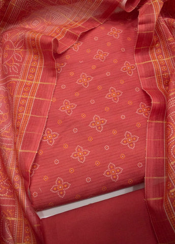 3 Piece Printed Coral Peach Color Unstitched Suit