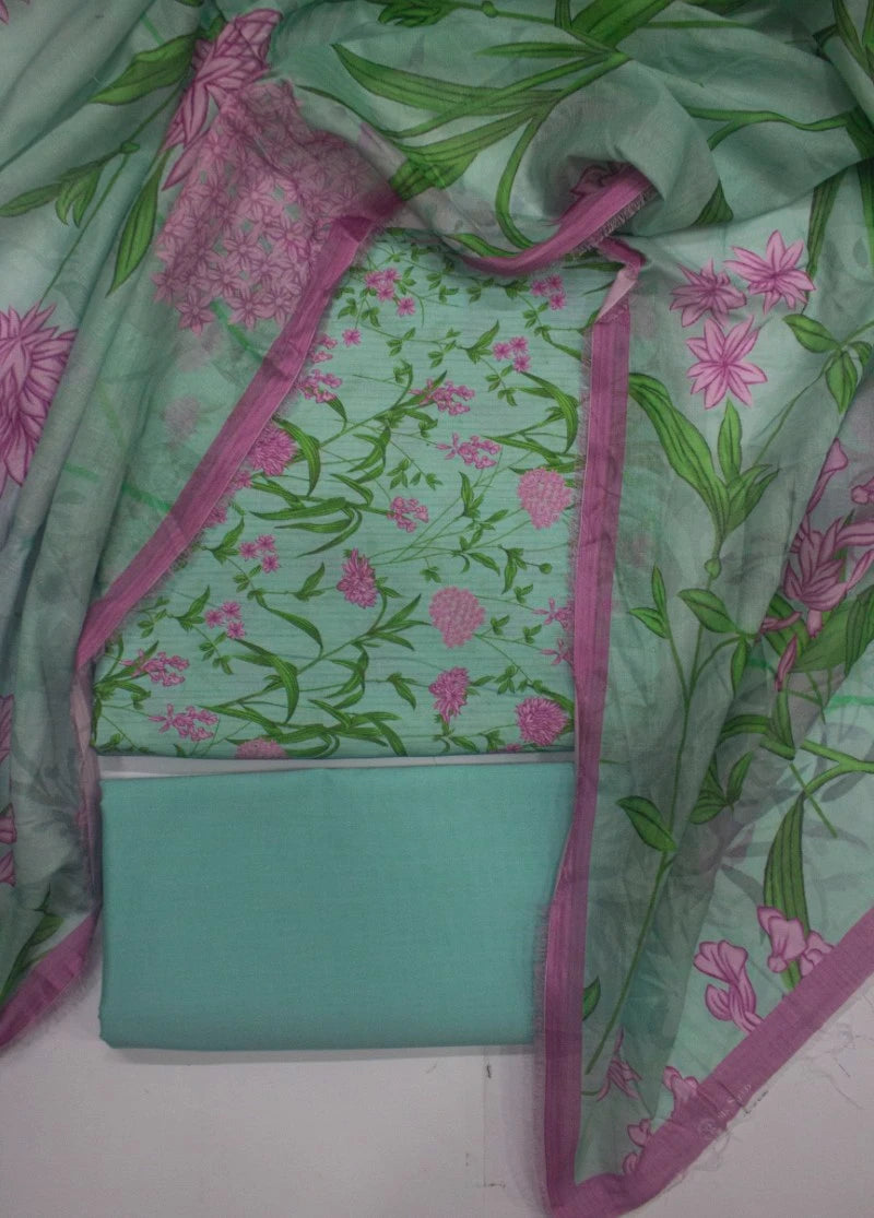 3 Piece Printed Mint Green Color Unstitched Suit