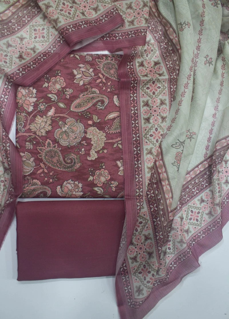 3 Piece Printed Muave Color Unstitched Suit