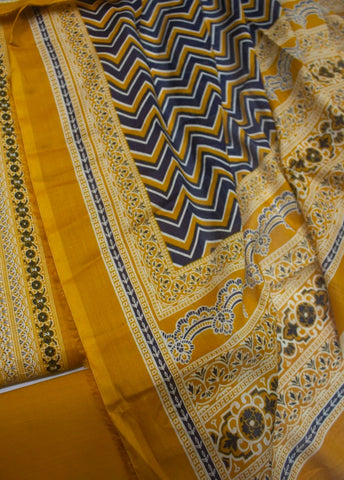 3 Piece Printed Yellow Color Unstitched Suit