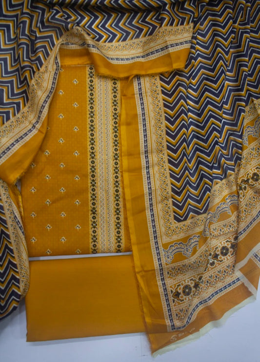 3 Piece Printed Yellow Color Unstitched Suit