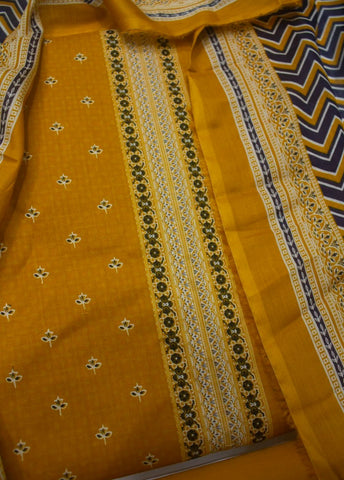 3 Piece Printed Yellow Color Unstitched Suit