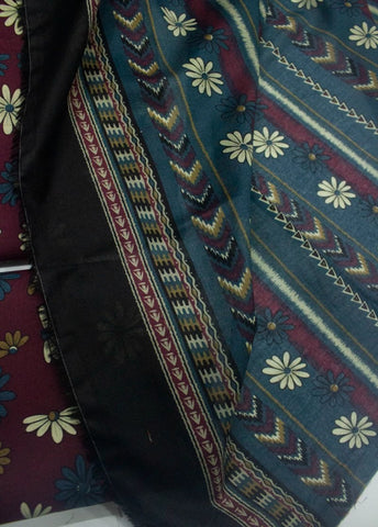 3 Piece Printed Maroon Color Unstitched Suit