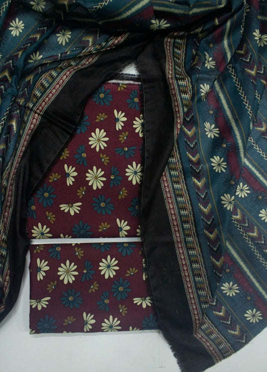 3 Piece Printed Maroon Color Unstitched Suit